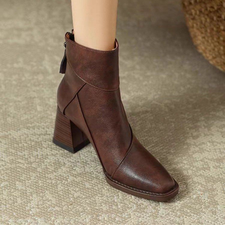 Retro brown soft leather thick heeled boots for women's high heeled Martin boots British style small square toe thin boots
