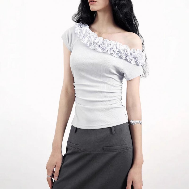 Original niche design multi-layer lace slanted shoulder shirt for women