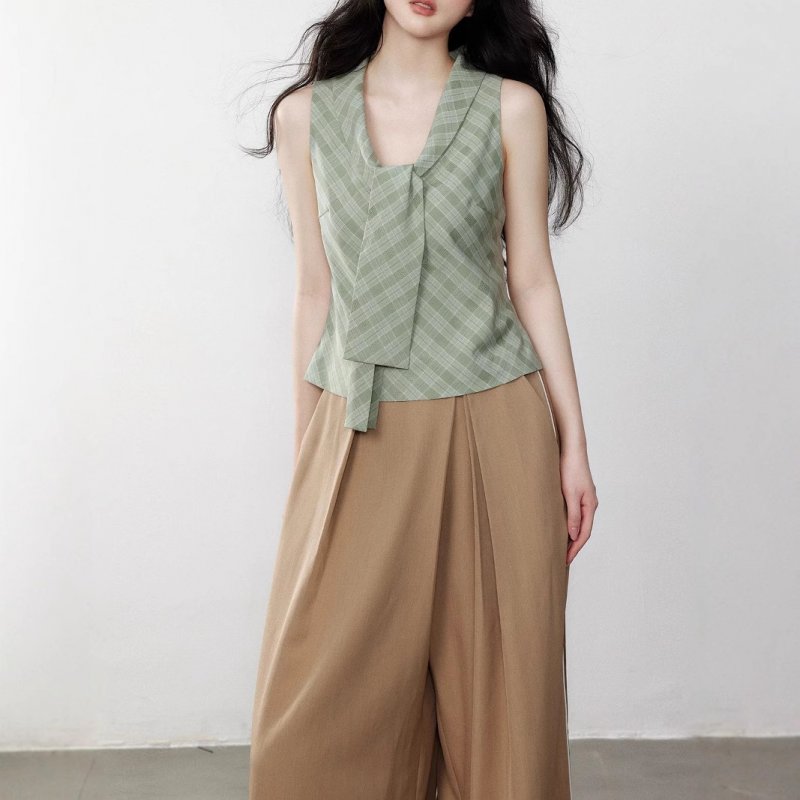 Yuzhi Green checkered temperament tie-fitting vest waistband to make you look thinner summer high-end sleeveless top