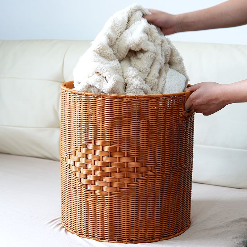 Imitation rattan woven round storage bucket with lid living room toys storage basket bedroom clothes storage basket dirty laundry basket