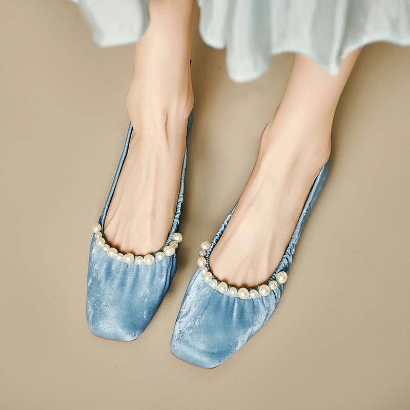 Wanziwei is super soft~~Sweet pearl flat ballet single shoes for women's new Chinese style soft sole beanie shoes