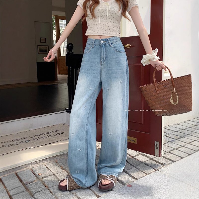 Real shot~ bow embroidered wide-leg jeans for women with high waist loose slim floor trousers