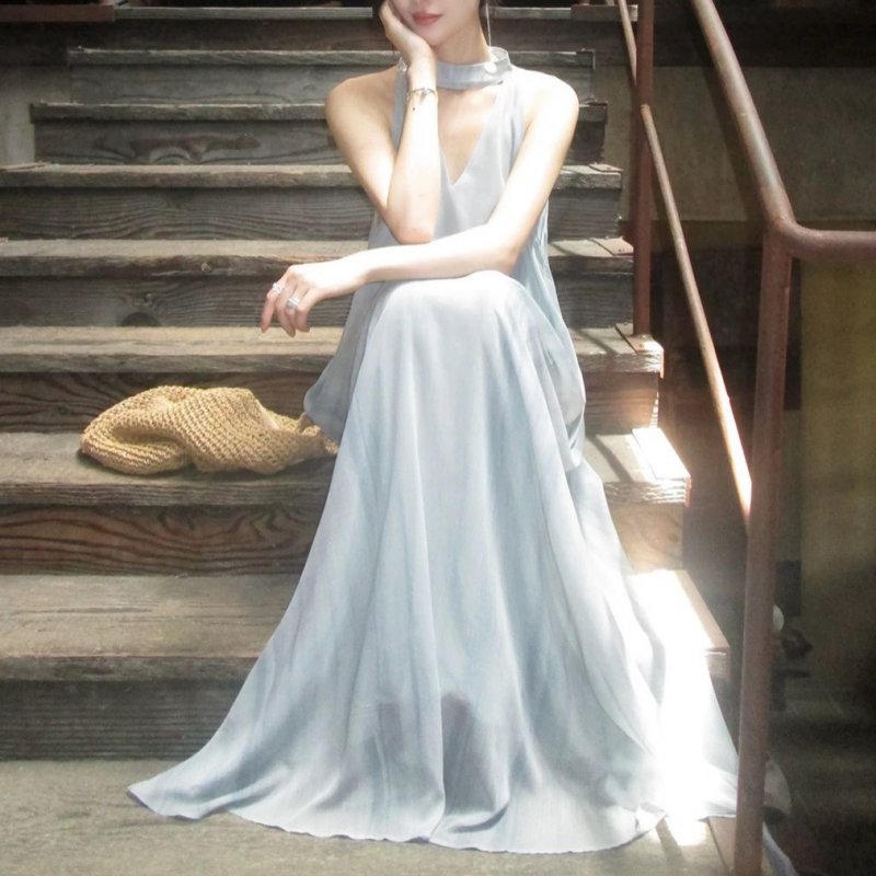 High-end style vacation style tulle neck halter dress for women's summer vest long skirt