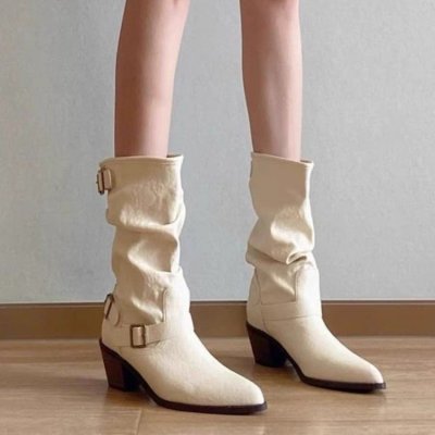 Boots for women's summer high-end leather belt buckle Martin boots pointed toe thick heel pile boots Western denim boots