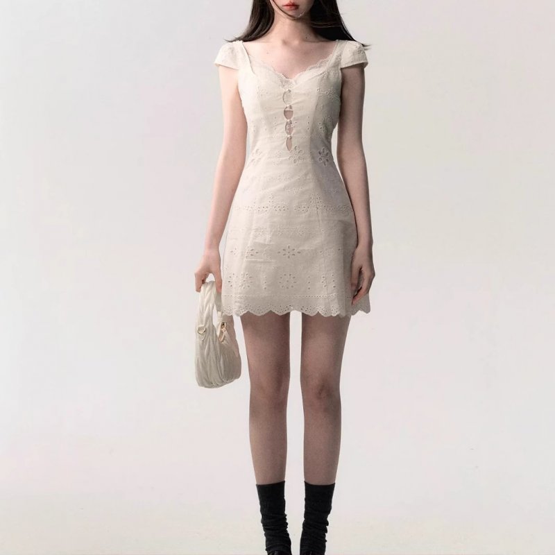 / "Pulsive Time" cream white simple slim lace splicing dress for women in summer texture