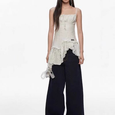 French sweet design sense irregular splicing bow oblique sling dress for women