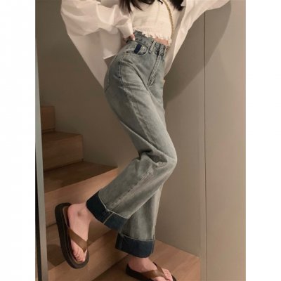 Real shot of blue high-waisted retro loose wide-leg pants for women's side stitching and rolling versatile jeans