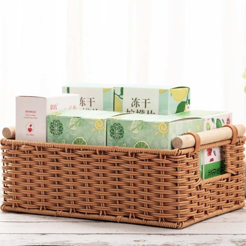 Imitation rattan basket rectangular desktop storage basket household living room debris storage basket plastic rattan snack storage box