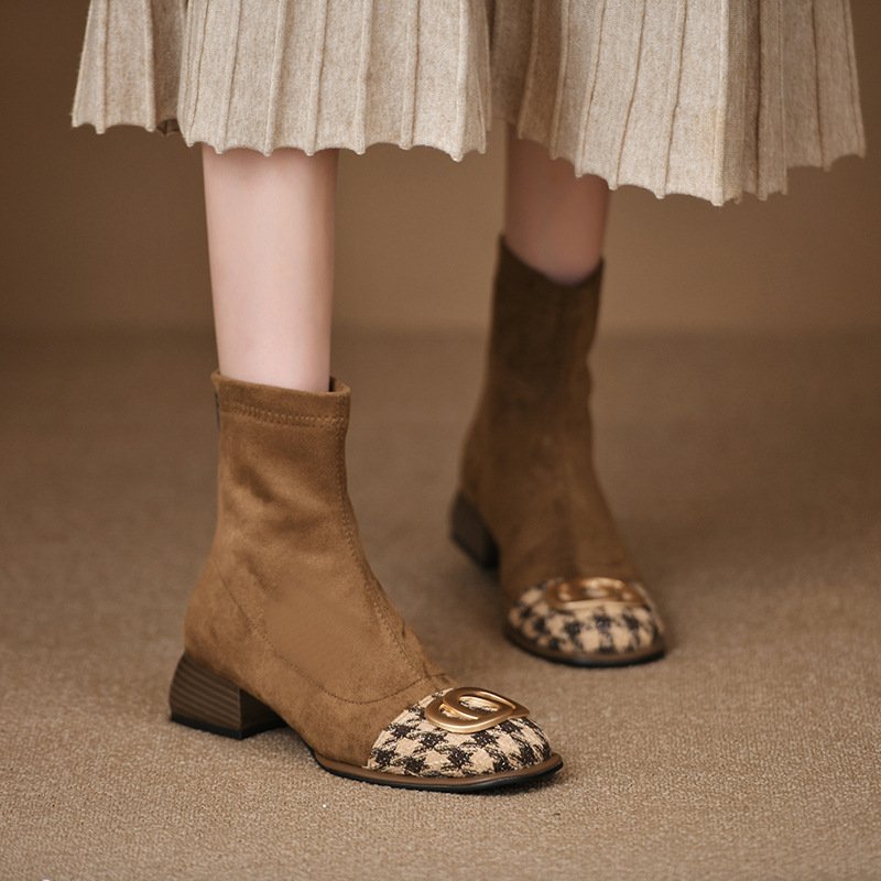 Square toe thick heel metal buckle thin boots for women in autumn and winter middle heel rear zipper short boots for thousands of bird color-blocking fashion boots