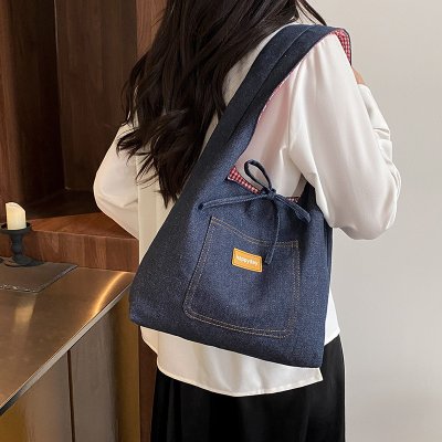 Casual commuting large bag for women double-sided denim single-shoulder underarm tote bag large capacity plaid bag