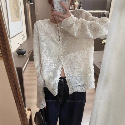 Real-life spring heavy industry embroidery flash film three-dimensional lace shirt French new Chinese top