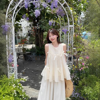 Real shot~ Summer heavy industry splicing bow vest sweet and cute age-reducing puffy sleeveless top