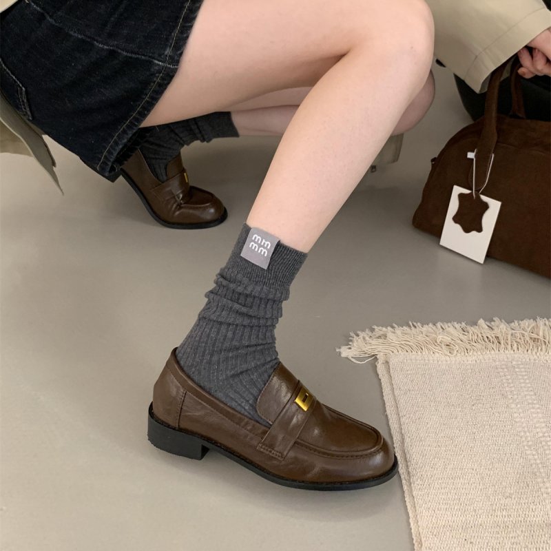 British leather shoes for women brown retro shoes for beans shoes for autumn and winter high-end single shoes thick heel women's shoes