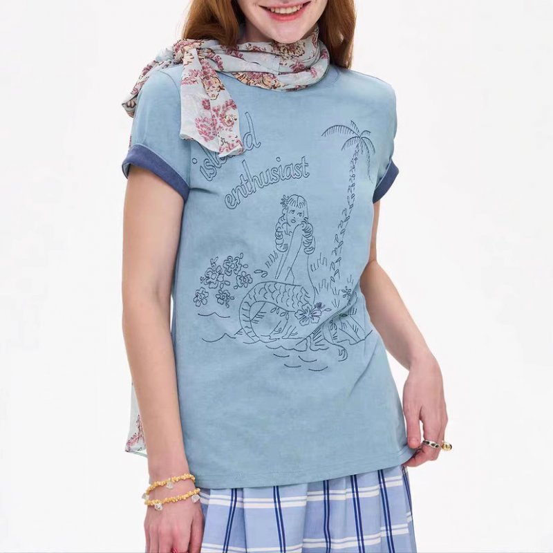 Mermaid embroidery vacation-sensing fake two-piece shirt