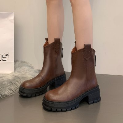 Soft leather thick sole zippered boots for women, slim and low-tube British style Martin boots simple retro western boots