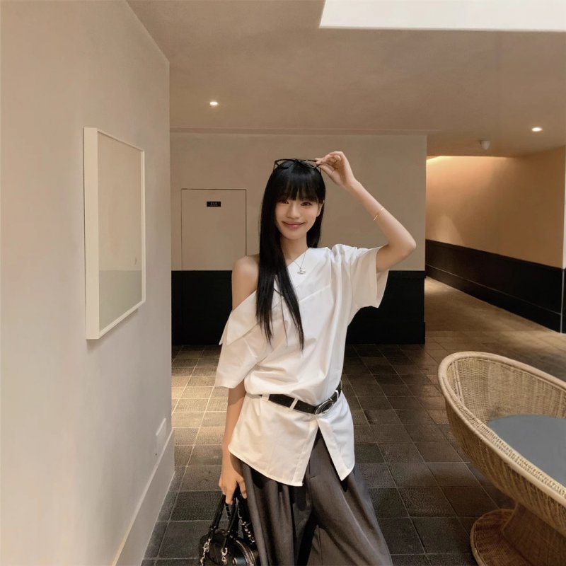 Real photo of summer design off-shoulder mid-sleeved shirt for women with belt