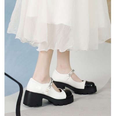 Small fragrant style thick sole Mary Jane shoes small leather shoes spring and autumn year one-button color-blocking thick heel single shoes for women