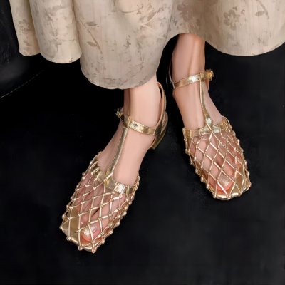 Hollow mesh gold thick heel sandals for women in summer French simple niche design bag-to-head one-liner shoes