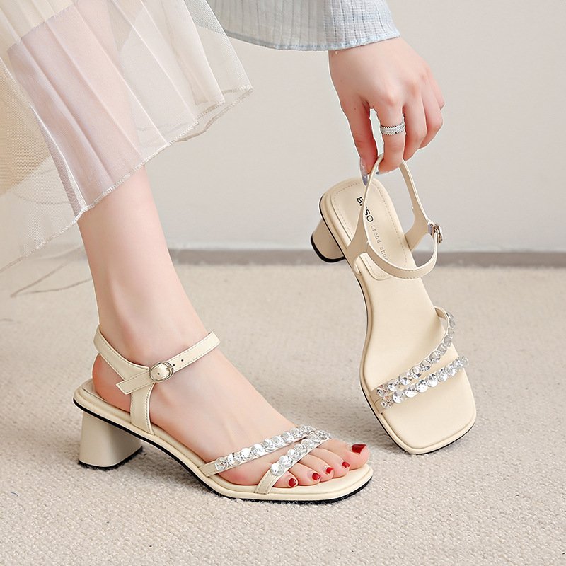 Sandals for women wearing summer fairy style silver skirt French thick heels bright diamond temperament high heels