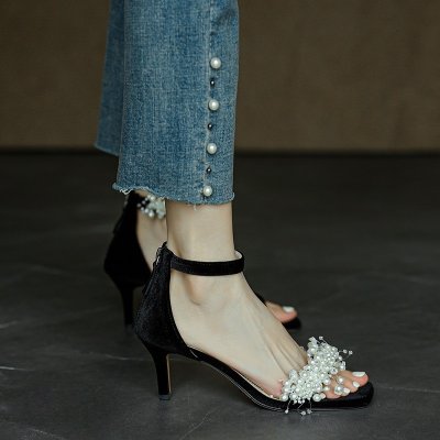 Wanziyan Handmade~ Super beautiful and personal~ Pearl sandals Female fairy style thin heels buckle high heels