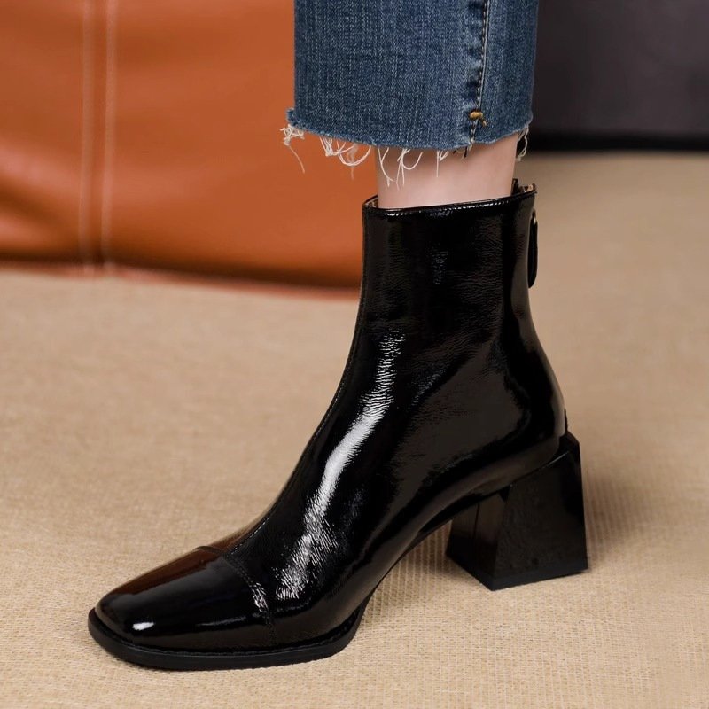 Chelsea short boots patent leather Martin boots for women's square toe thick heels single boots slim short tube high heel boots