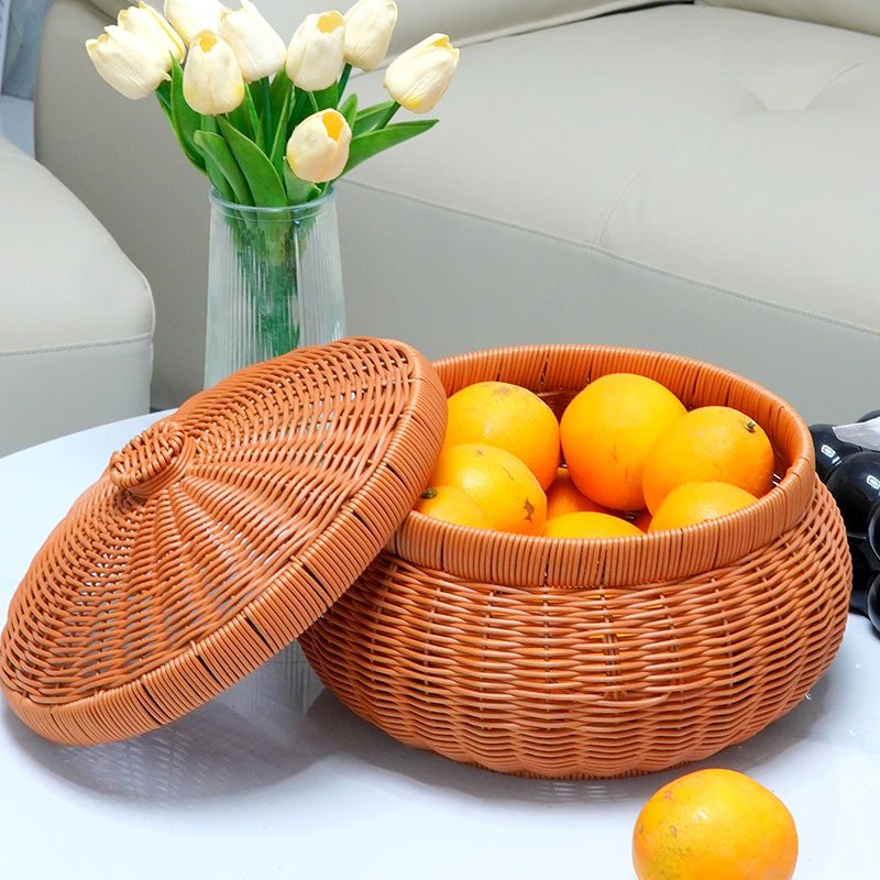 Imitation rattan fruit basket storage storage basket living room desktop snack candy basket with lid tea candy candy basket kitchen egg basket