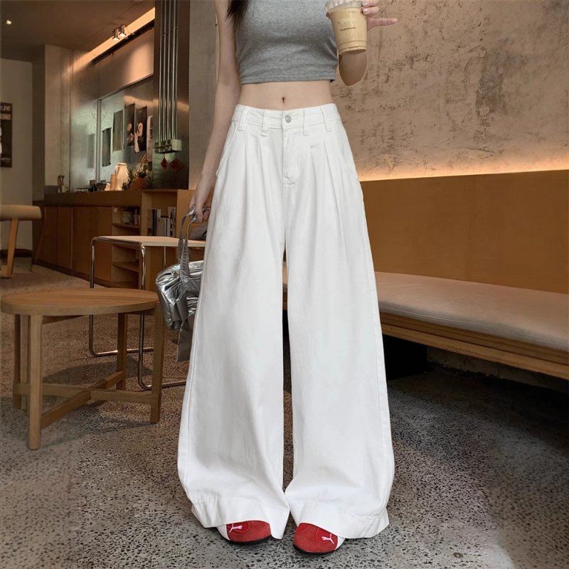 Real-life American white jeans for women in summer high waist loose drooping wide-leg floor trousers