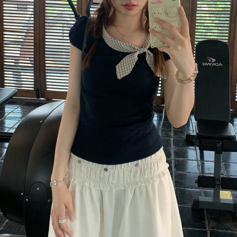 Rabbit ears well-behaved short-sleeved shirt three-color summer slim shoulder top makes you look thin