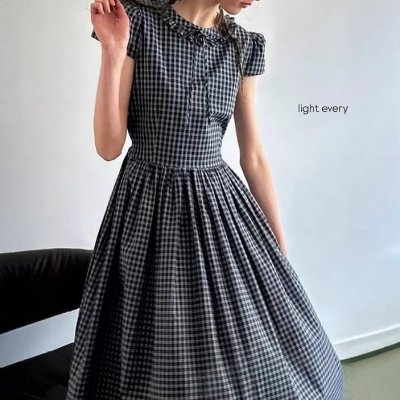 Summer Symphony' retro plaid decorative earrings micropuff sleeves high waist big skirt dress for women