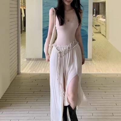 Temperament slim pleated pleated edge irregular knitted long stretch suspender dress for women