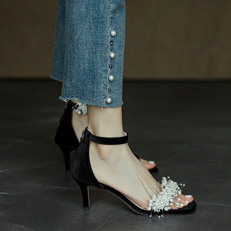 Wanziyan Handmade~ Super beautiful and personal~ Pearl sandals Female fairy style thin heels buckle high heels