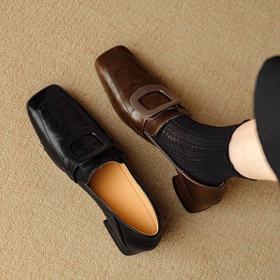British style retro low heel small leather shoes for women with soft leather autumn square toe deep mouth shoes one foot pedal shoes