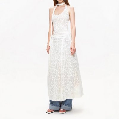 Micro-transparent jacquard dress American hot girl sleeveless high-end vacation style halter neck floral layered long skirt