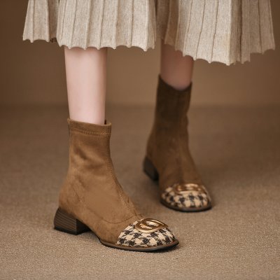 Square toe thick heel metal buckle thin boots for women in autumn and winter middle heel rear zipper short boots for thousands of bird color-blocking fashion boots