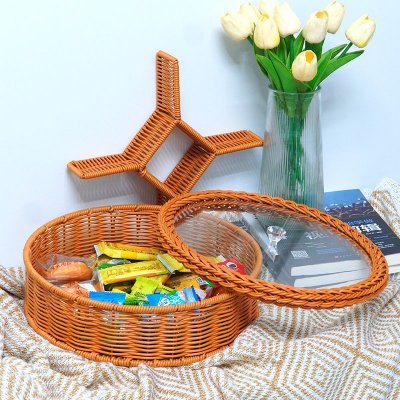 Imitation rattan woven with lid five-point lattice fruit basket living room coffee table dried fruit plate high-end storage box household melon seeds dessert plate