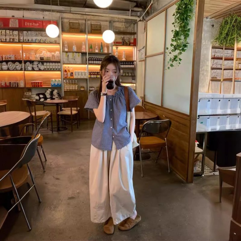 Real-life textured striped short shirt niche puff sleeve top + Japanese thin elastic waist casual pants