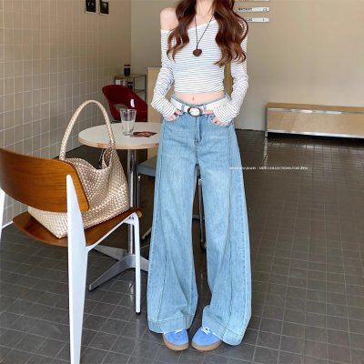 Real shot~Retro light-colored wide-leg jeans for women with high waist slim flip trousers