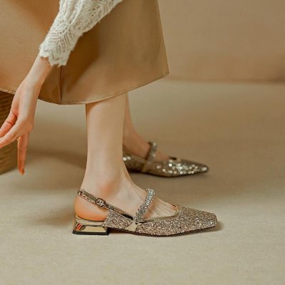 French rhinestone sequin crystal shoes small square toe Marie Jane Baotou sandals women's simple thick heel short shoes summer