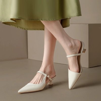 French lychee pattern slim heel bag sandals for women in summer, pointy toe outside cat heel half slippers sandals