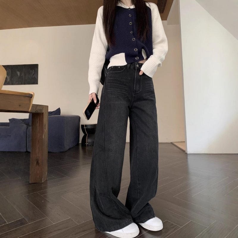 Real shot, design-cut slim jeans for women, early spring high waist loose wide-leg pants, trousers trendy