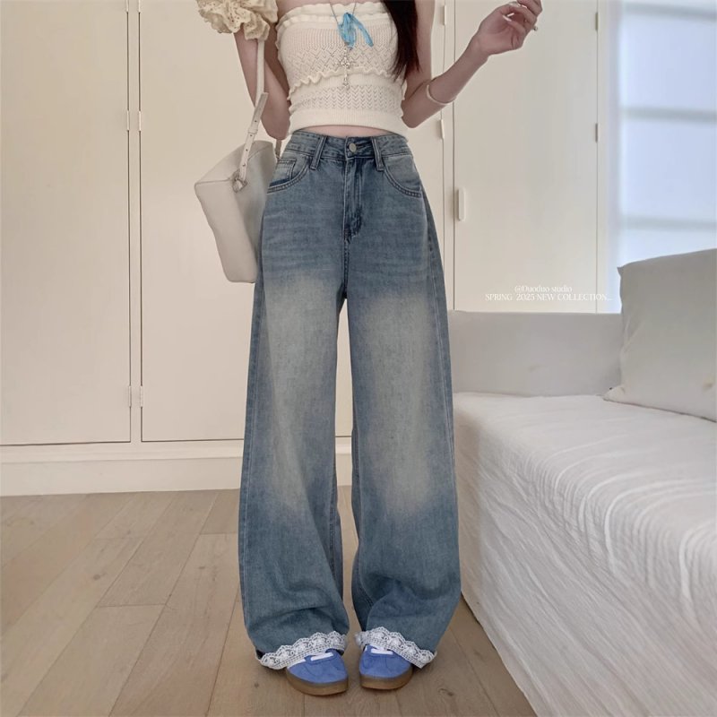 Real photo American retro lace splicing design wide-leg jeans women's high waist slim floor trousers spring