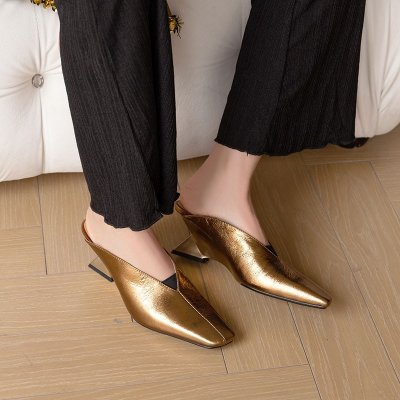 French beautiful temperament without tiring feet, heels, high heels, muller half-tow sandals for spring, half-block sandals for women in summer