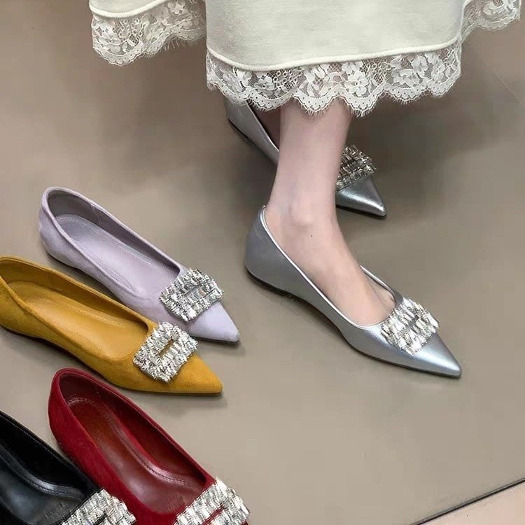 French style high-rise shoes for women's shoes for spring pointed toe rhinestone square buckle with skirt flat-soled evening breeze shoes