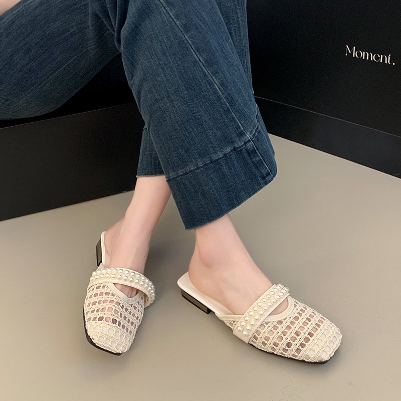 Evening gentle shoes, low heel hollowed-out half slippers for women in summer wear French sandals