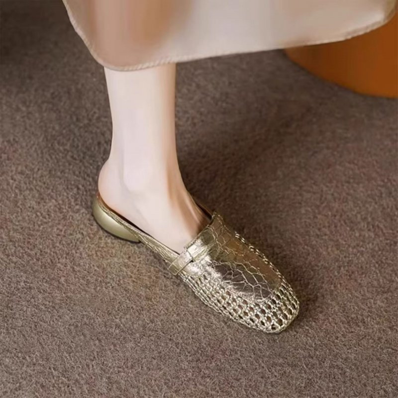 French retro square-toe hollow woven thick heel shoes for women with one foot, casual half slippers for women