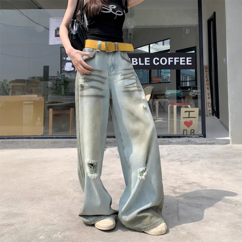 Real shot tie-dyeing old American pleated ripped wide-leg pants high waist temperament jeans for women