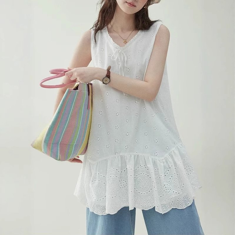 "Original" white small flower pure cotton collar vest dress for women's summer sleeveless lace skirt