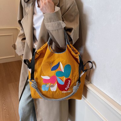 Literary and handmade nylon cloth shopping bag large capacity casual embroidered shoulder bag lightweight tote bag