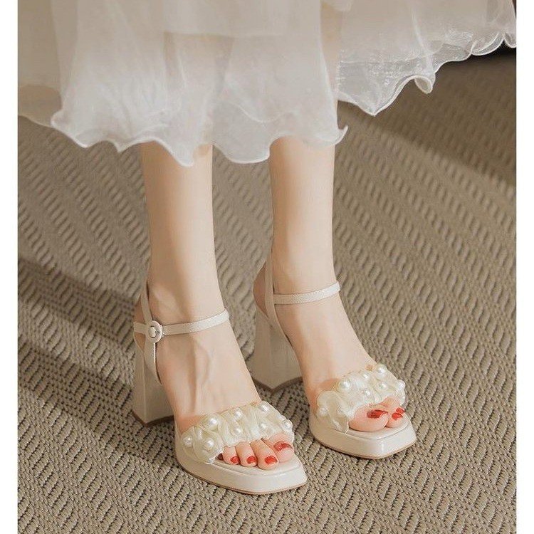 Waterproof platform open-toed sandals for women in summer French skirt with one-strip pearl high heels