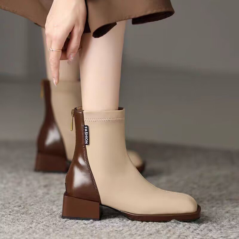 British style thick heel rear zipper Martin boots color-blocked square toe stretch thin short boots autumn and winter single boots for women soft leather